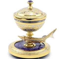 Позолоченная икорница «Осётр» на подставке из камня чароит с фигуркой царской рыбы