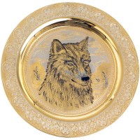 Декоративная тарелка «Волк» с позолотой в деревянном футляре