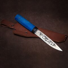 Якутский нож «Охотник» с синей рукоятью из карельской берёзы