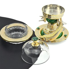 Большая икорница «Два Осетра» на подставке из камня малахит с фигурками царской рыбы