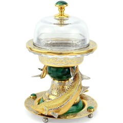 Большая икорница «Два Осетра» на подставке из камня малахит с фигурками царской рыбы