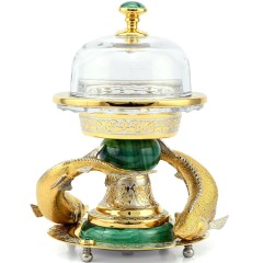 Большая икорница «Два Осетра» на подставке из камня малахит с фигурками царской рыбы