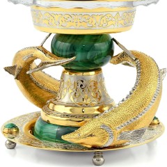 Большая икорница «Два Осетра» на подставке из камня малахит с фигурками царской рыбы