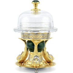Икорница со стеклянной чашей и крышкой «Три Кита» на подставке из камня нефрит
