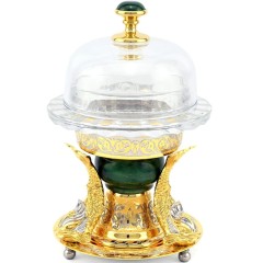 Икорница со стеклянной чашей и крышкой «Три Кита» на подставке из камня нефрит