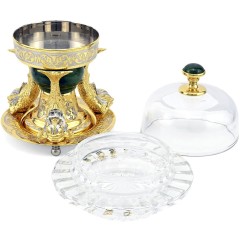 Икорница со стеклянной чашей и крышкой «Три Кита» на подставке из камня нефрит