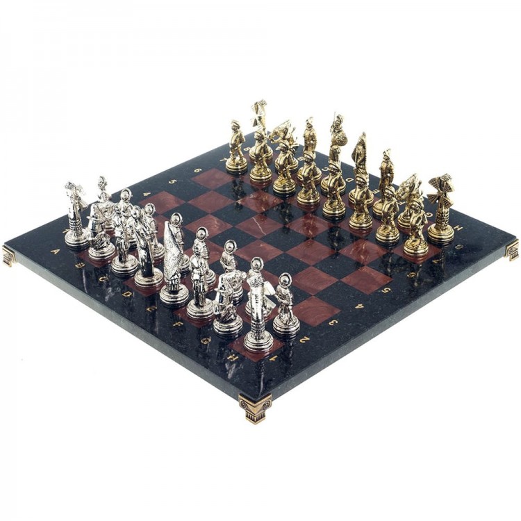 Подарочные шахматы «Дон Кихот» с бронзовыми фигурами на каменной доске (змеевик, лемезит)