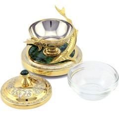 Позолоченная икорница с крышкой «Два Осетра» на подставке из камня малахит