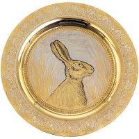 Декоративная тарелка «Заяц-русак» с позолотой в деревянном футляре