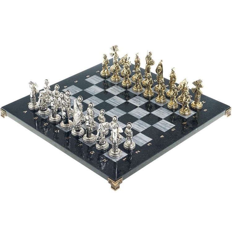 Подарочные шахматы «Дон Кихот» с бронзовыми фигурами на каменной доске (мрамор, змеевик)