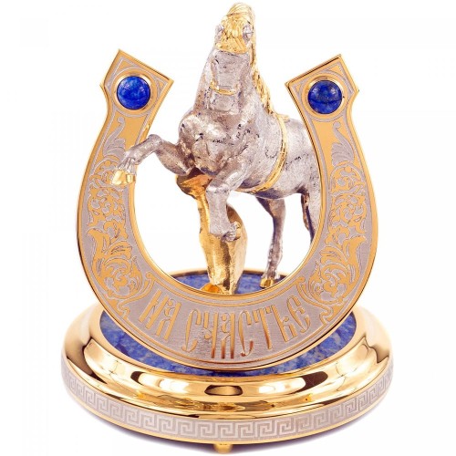 Настольный сувенир подкова с лошадью «На счастье» на лазурите в подарок дедушке