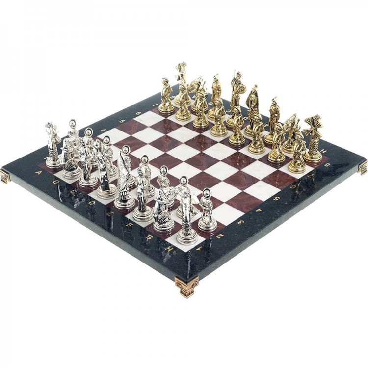 Подарочные шахматы «Дон Кихот» с бронзовыми фигурами на каменной доске (мрамор, змеевик, лемезит)