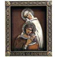 Большая резная икона «Святые Петр и Феврония» из дуба с кристаллами Swarovski