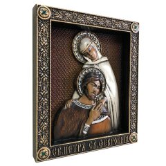 Большая резная икона «Святые Петр и Феврония» из дуба с кристаллами Swarovski