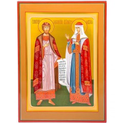 Большая икона «Святые Пётр и Феврония» в соответствии традиционной хохломской росписи с технологией золочения