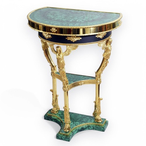 Полукруглый малахитовый стол «Антик» из натурального камня для интерьера дома