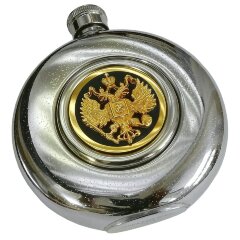Круглая никелированная фляжка «Гербовая»