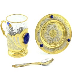 Подстаканник позолоченный «LAZURITE» на блюдце в подарочном футляре
