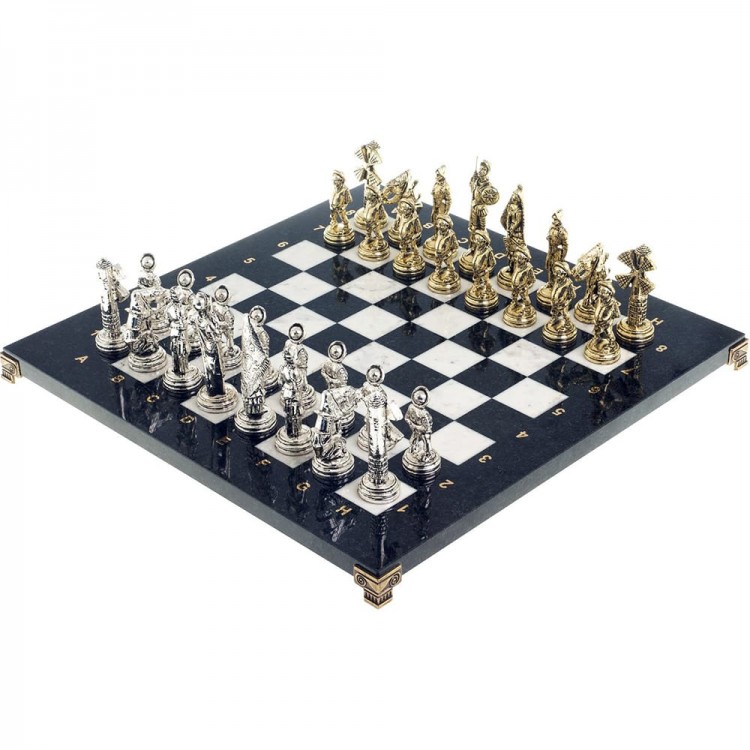 Сувенирные шахматы «Дон Кихот» с бронзовыми фигурами на каменной доске (змеевик, мрамор)