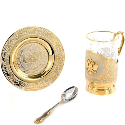 Чайный набор с подстаканником «Герб РФ» с ложечкой на блюдце