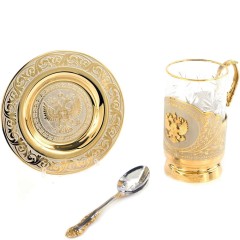 Чайный набор с подстаканником «Герб РФ» с ложечкой на блюдце