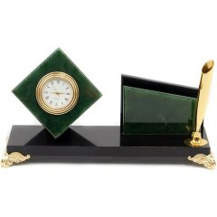 Настольный органайзер с визитницей и часами «Куб» из нефрита