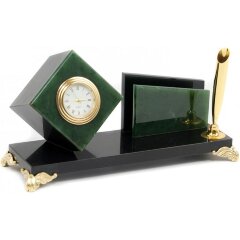 Настольный органайзер с визитницей и часами «Куб» из нефрита