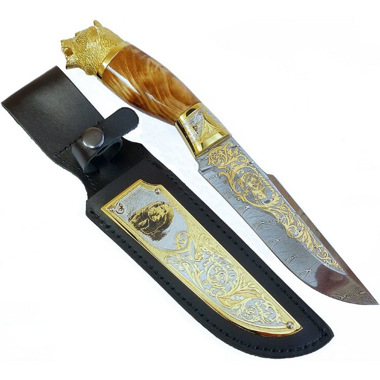 Подарочный нож «Медведь» с позолоченным клинком из дамасской стали
