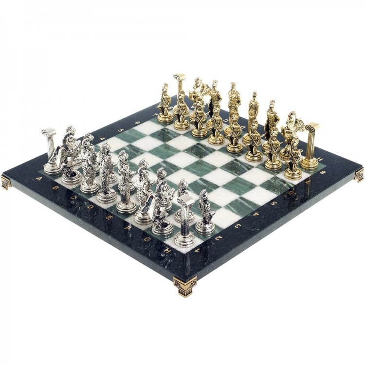 Подарочные шахматы «Восточные» с бронзовыми фигурами на каменной доске (офиокальцит, змеевик)