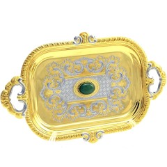 Набор для кофе «Нефрит» с двумя позолоченными чашками на подносе