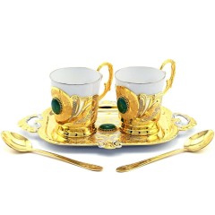 Набор для кофе «Нефрит» с двумя позолоченными чашками на подносе