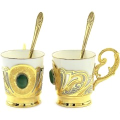 Набор для кофе «Нефрит» с двумя позолоченными чашками на подносе
