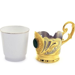 Набор для кофе «Нефрит» с двумя позолоченными чашками на подносе