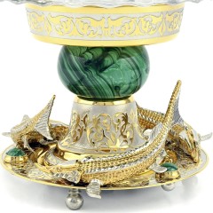 Позолоченная икорница со стеклянной крышкой «Три Осетра» на малахите