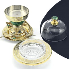 Позолоченная икорница со стеклянной крышкой «Три Осетра» на малахите