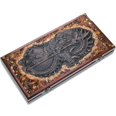 Нарды деревянные резные «Самурай и Гейша» с янтарной мозаикой ручной работы