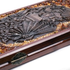 Нарды деревянные резные «Самурай и Гейша» с янтарной мозаикой ручной работы