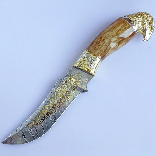 Охотничий нож «Орёл» с дамасским клинком в кожаных ножнах