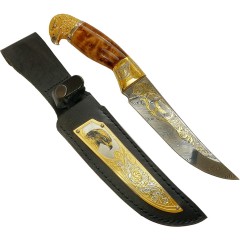 Коллекционный нож «Орёл» с головой хищной птицы на рукояти (мозаичный дамаск, кожаный чехол)