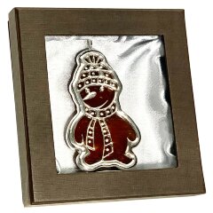 Янтарная ёлочная игрушка «Снеговик» с кристаллами SWAROVSKI в подарок ребёнку