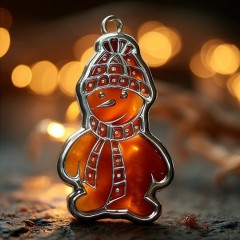 Янтарная ёлочная игрушка «Снеговик» с кристаллами SWAROVSKI в подарок ребёнку