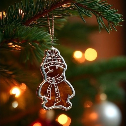 Янтарная ёлочная игрушка «Снеговик» с кристаллами SWAROVSKI в подарок ребёнку