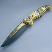 Позолоченный складной нож «Глухарь» из дамасской стали