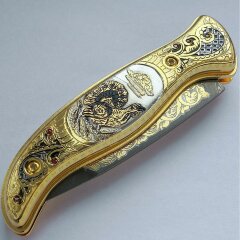 Позолоченный складной нож «Глухарь» из дамасской стали
