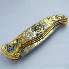 Позолоченный складной нож «Глухарь» из дамасской стали