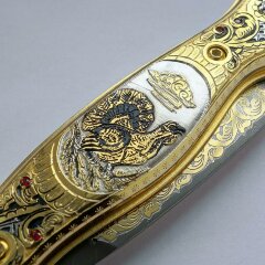 Позолоченный складной нож «Глухарь» из дамасской стали