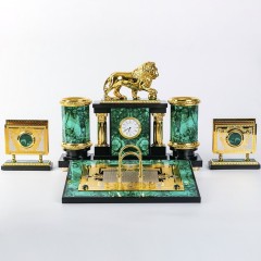 Настольный набор органайзер с часами «Лев» из малахита в подарок руководителю