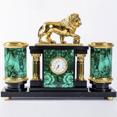 Настольный набор органайзер с часами «Лев» из малахита в подарок руководителю
