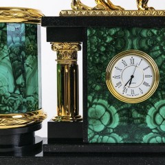 Настольный набор органайзер с часами «Лев» из малахита в подарок руководителю