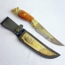 Подарочный нож «Волк» с позолоченной гравировкой и головой хищника (рукоять карельская береза, мельхиор)
